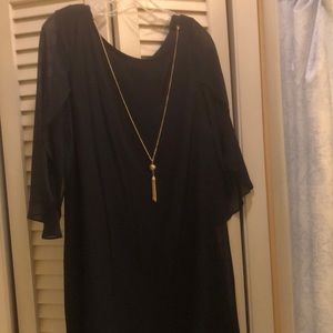 Navy sheer lined dress with attached gold necklace